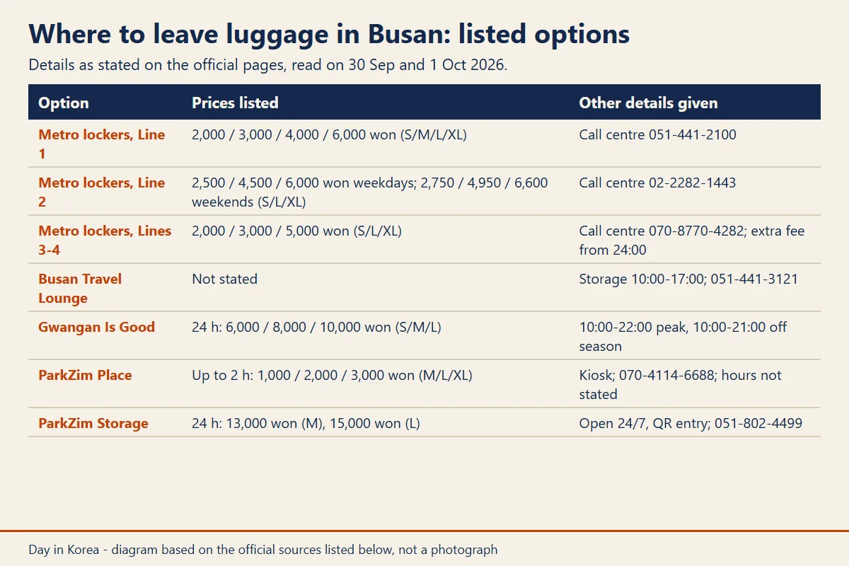 Diagram: Chart of the luggage storage options listed in Busan with prices, hours and contact details